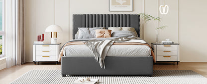 Upholstered Platform Bed with Classic Headboard and 4 Drawers, Gray