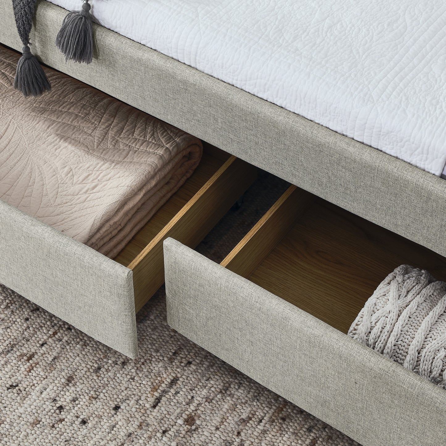 upholstered full size bed with two drawers, beige