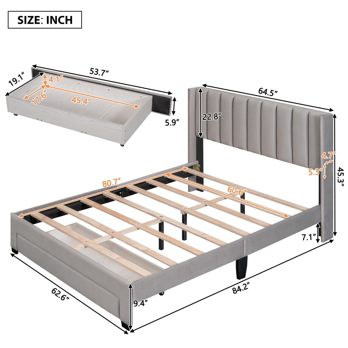 velvet upholstered platform bed with a big drawer