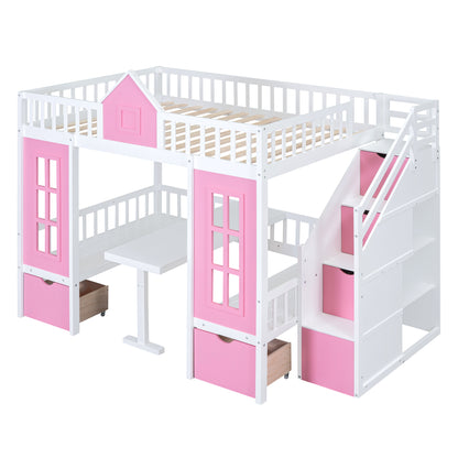 Full-Over-Full Bunk Bed with Changeable Table, Pink