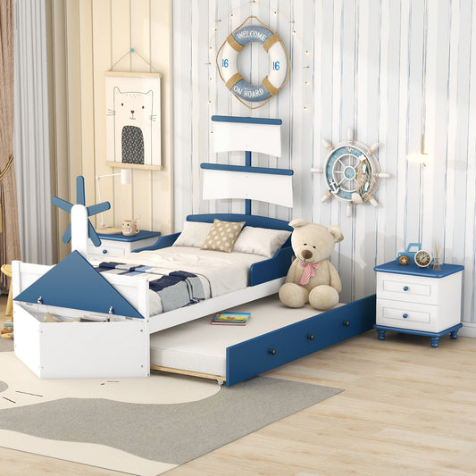 3-Pieces Boat-Shaped Platform Bed with Trundle and Two Nightstands, White+Blue