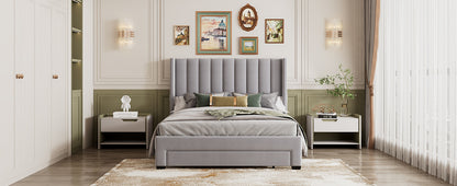 Velvet Upholstered Platform Bed with a Big Drawer - Gray