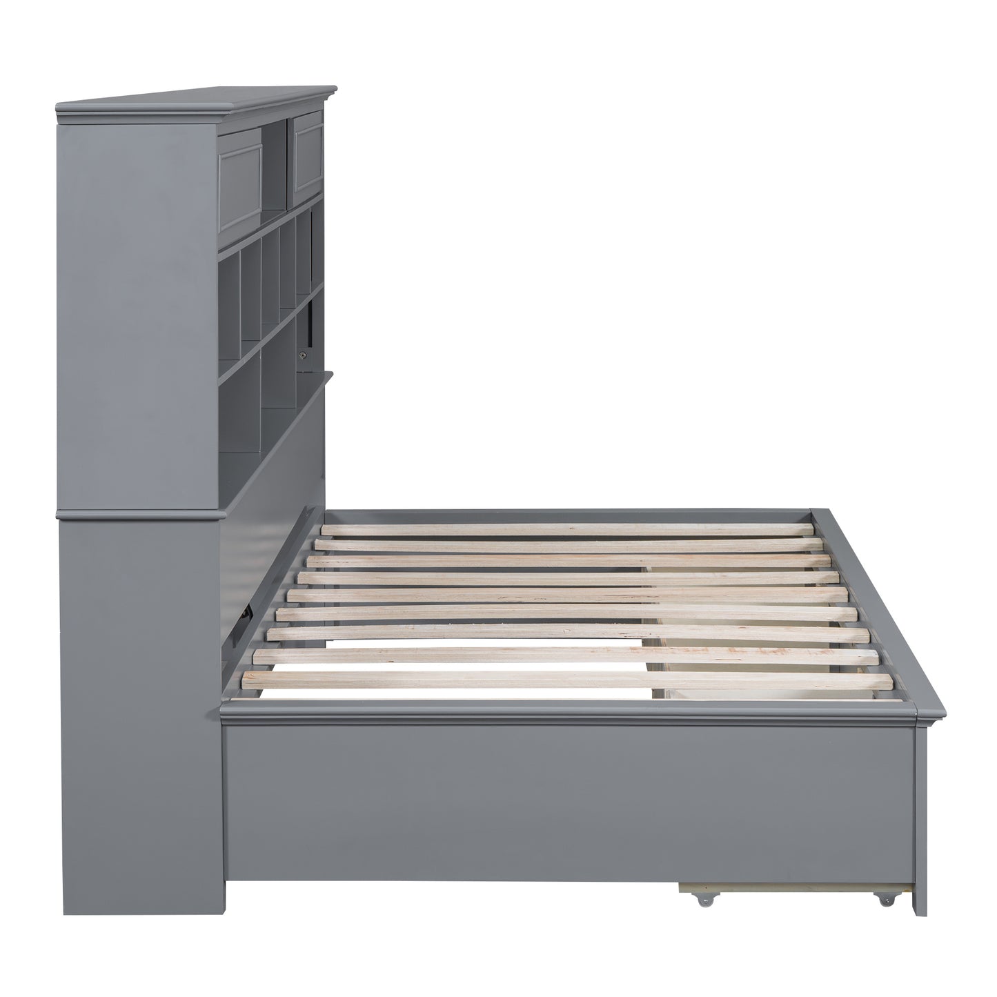 wood bed with multi-storage shelves, charging station and 3 drawers, gray