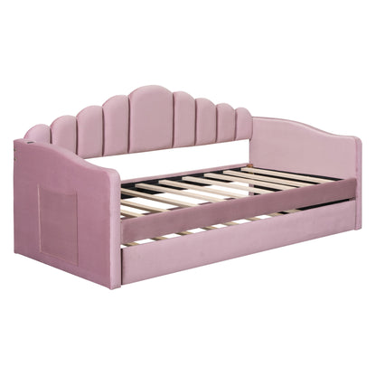 Upholstered Daybed with Trundle & USB Charging Ports, Pink