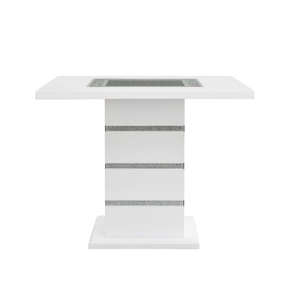 acme elizaveta counter height table, gray velvet, faux crystal diamonds &white high gloss finish