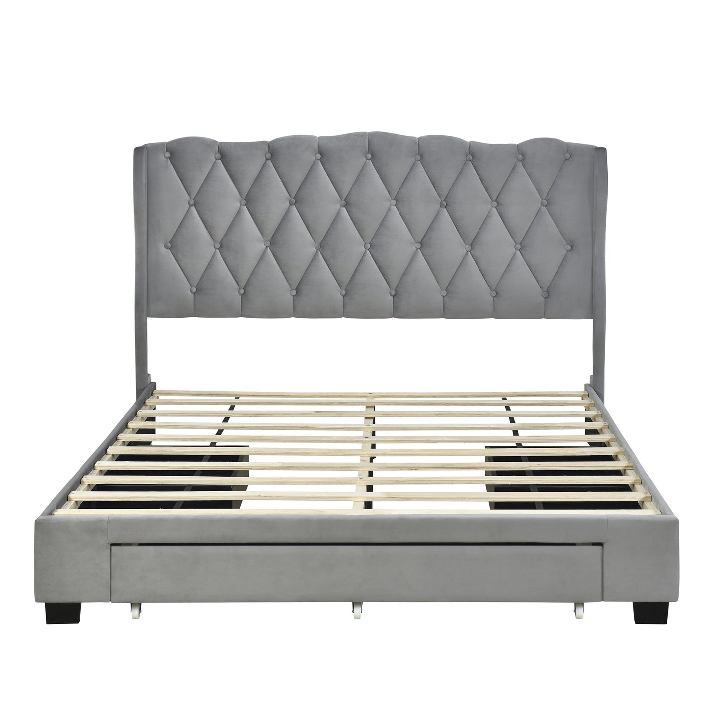 velvet upholstered platform bed with tufted headboard and 3 drawers, gray