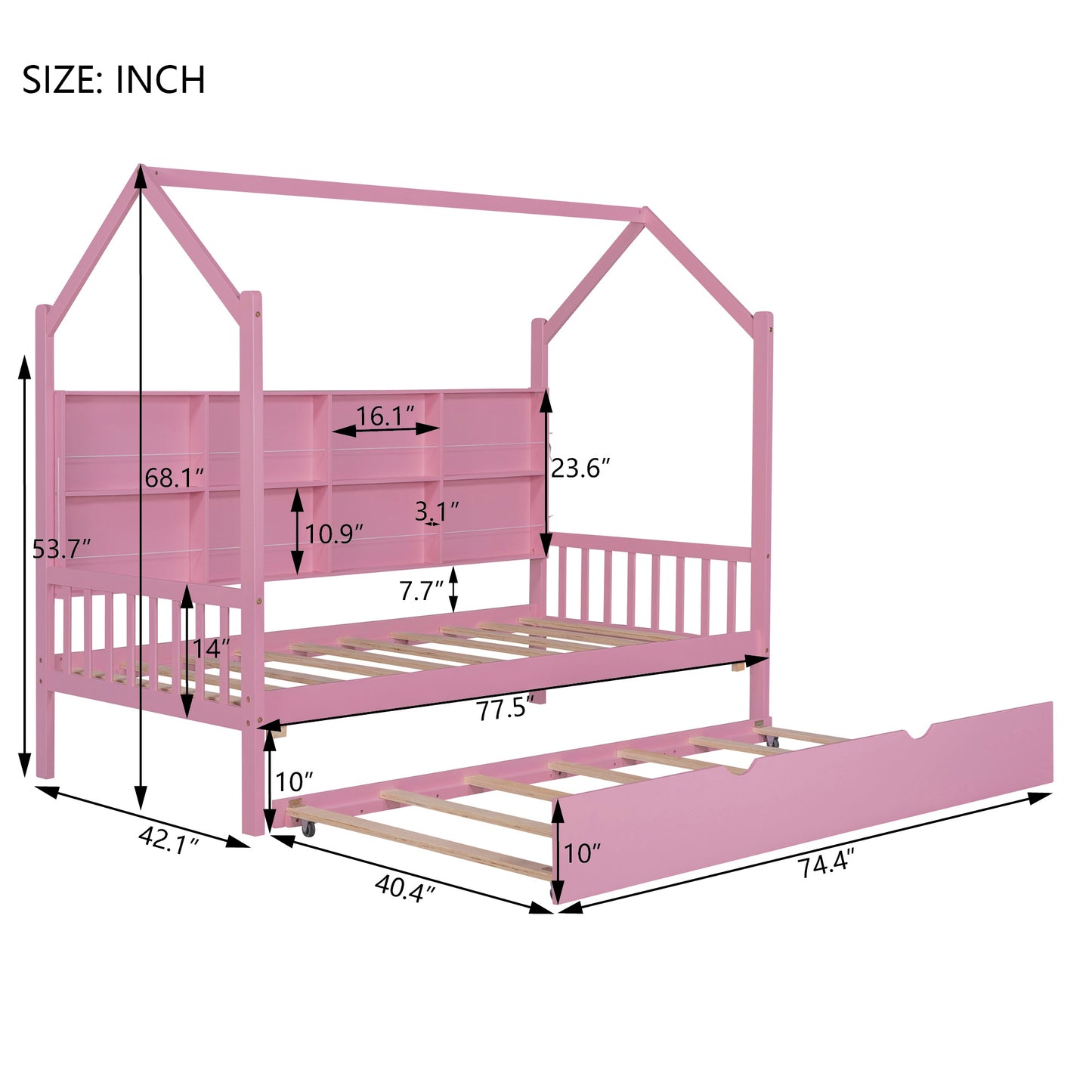 wooden house bed with trundle, pink