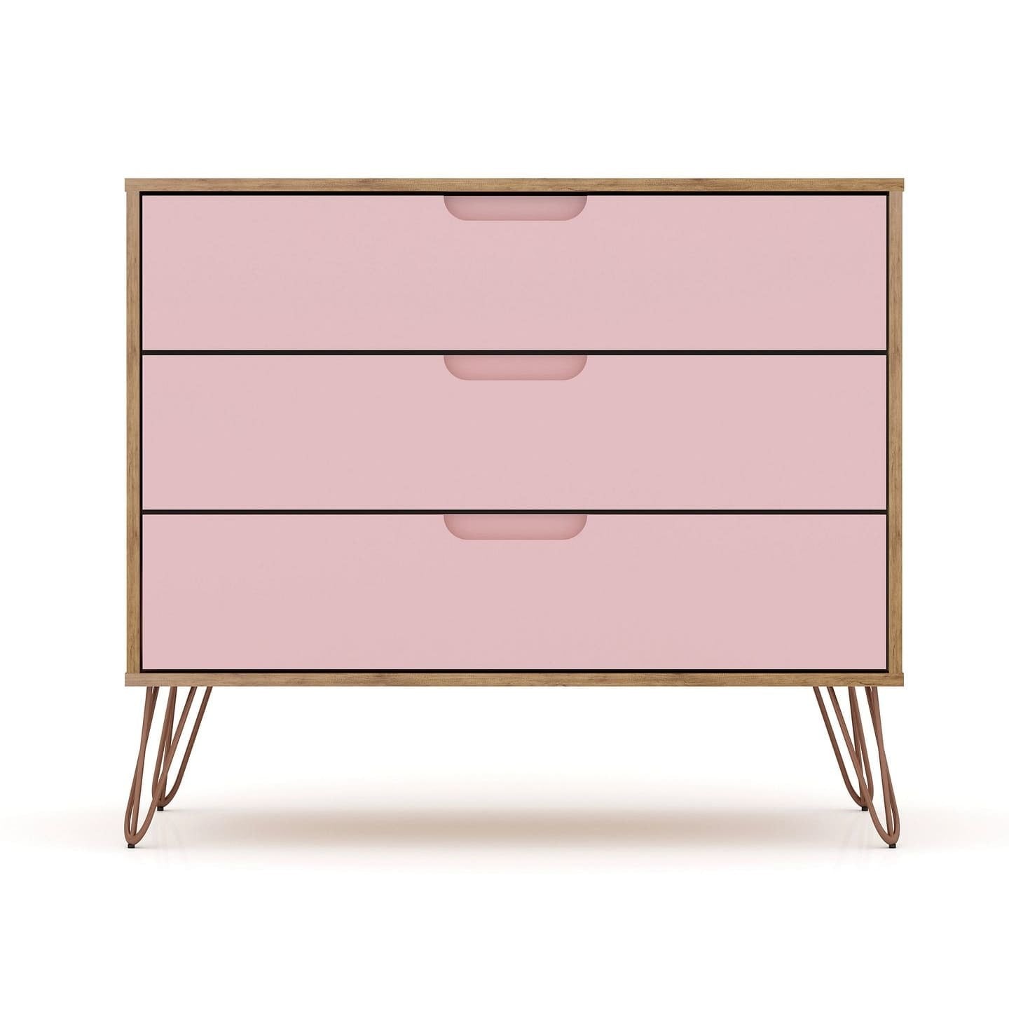 manhattan comfort rockefeller mid-century- modern dresser with 3-drawers in nature and rose pink