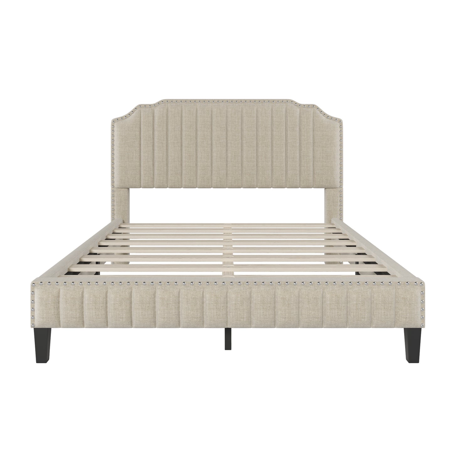 modern linen curved upholstered platform bed, beige