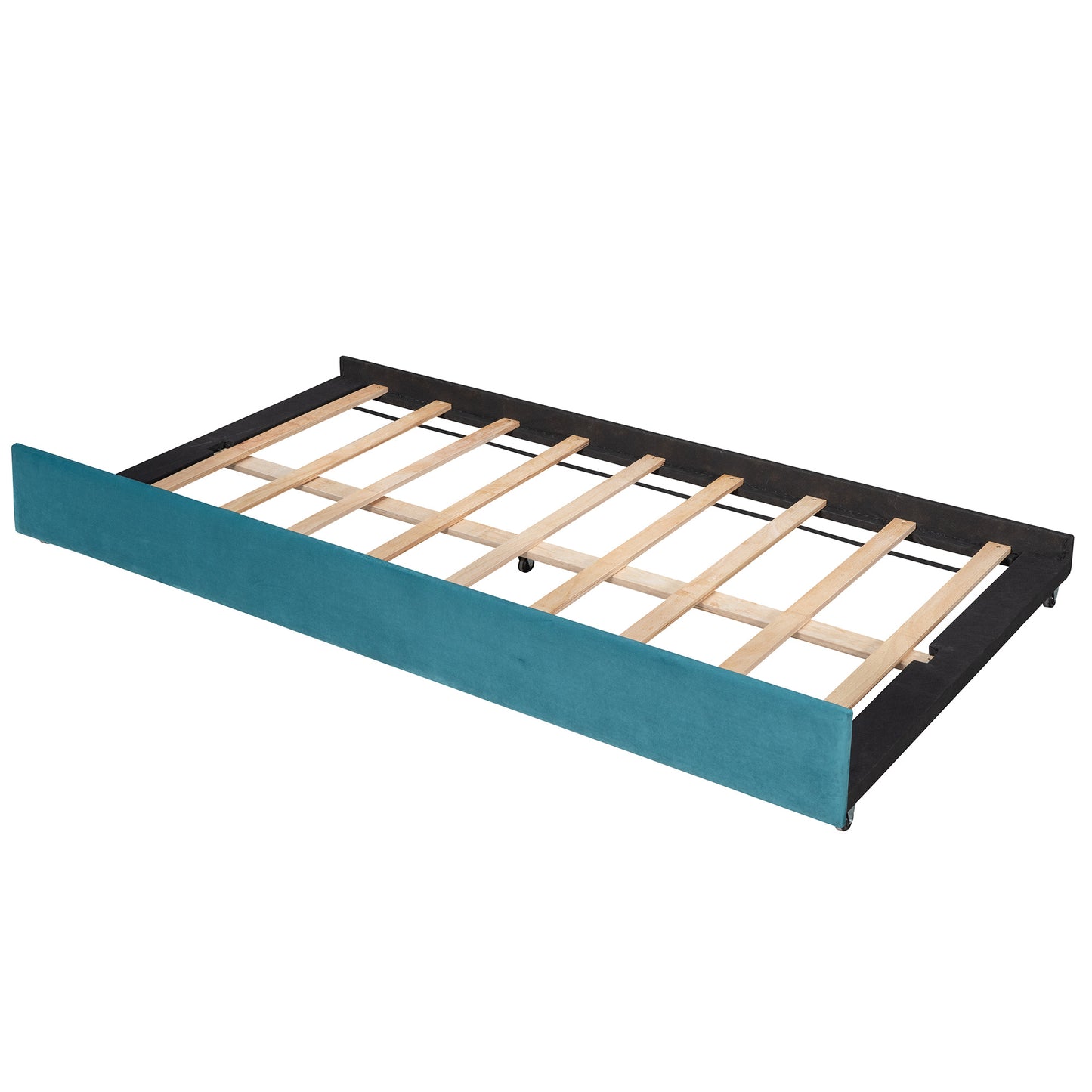 upholstered daybed with trundle bed and wood slat ; blue