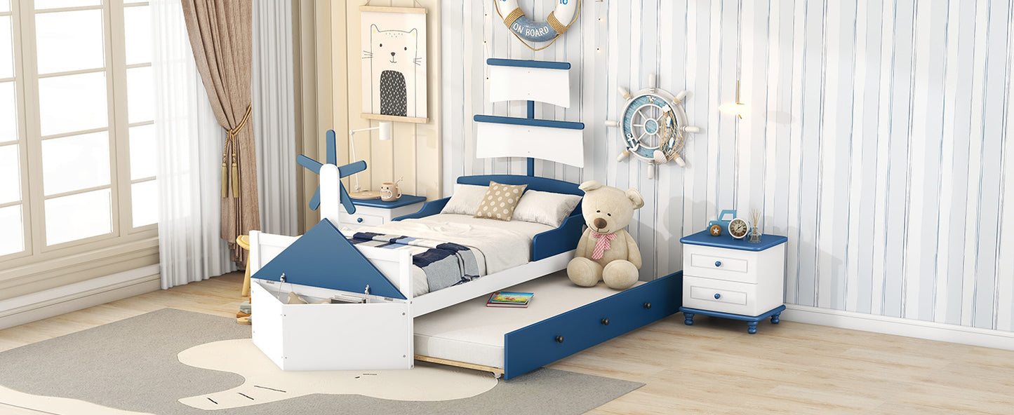 boat-shaped  bed with twin size trundle & storage, blue