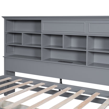 Wood Bed with Multi-Storage Shelves, Charging Station and 3 Drawers, Gray