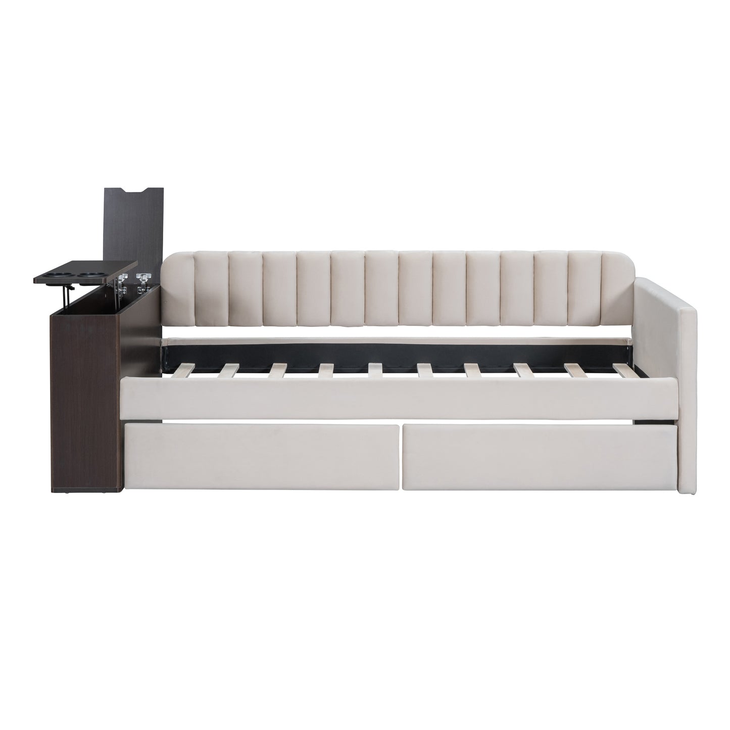 upholstered multi-functional daybed with cup holder and a set of usb ports and sockets, beige