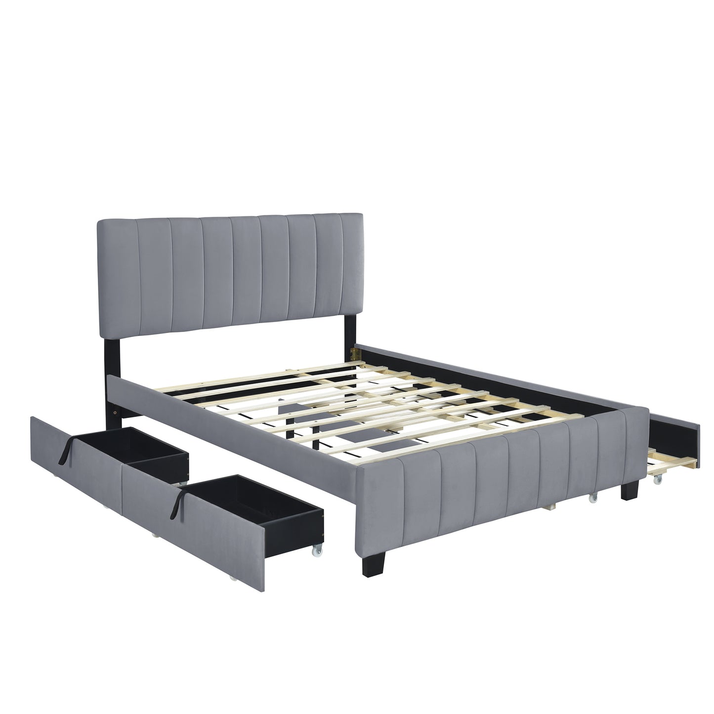 elegant velvet upholstered platform bed with 2 drawers and 1 twin xl trundle- gray
