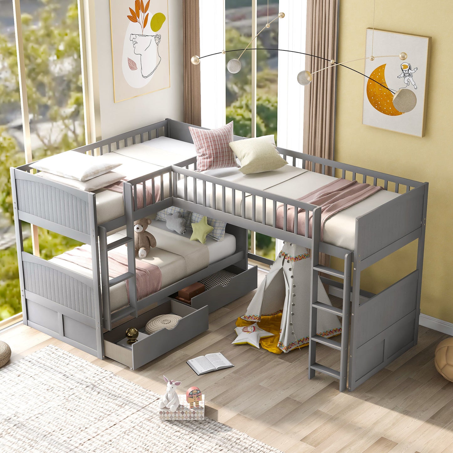twin size bunk bed with a loft bed attached and two drawers, gray