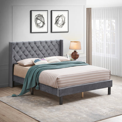 Linen Button Tufted-Upholstered Bed with Curve Design