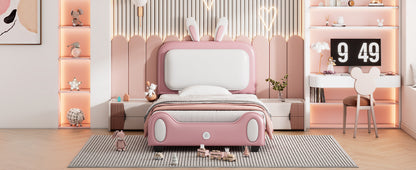 Upholstered Rabbit-Shape Princess Bed, White+Pink