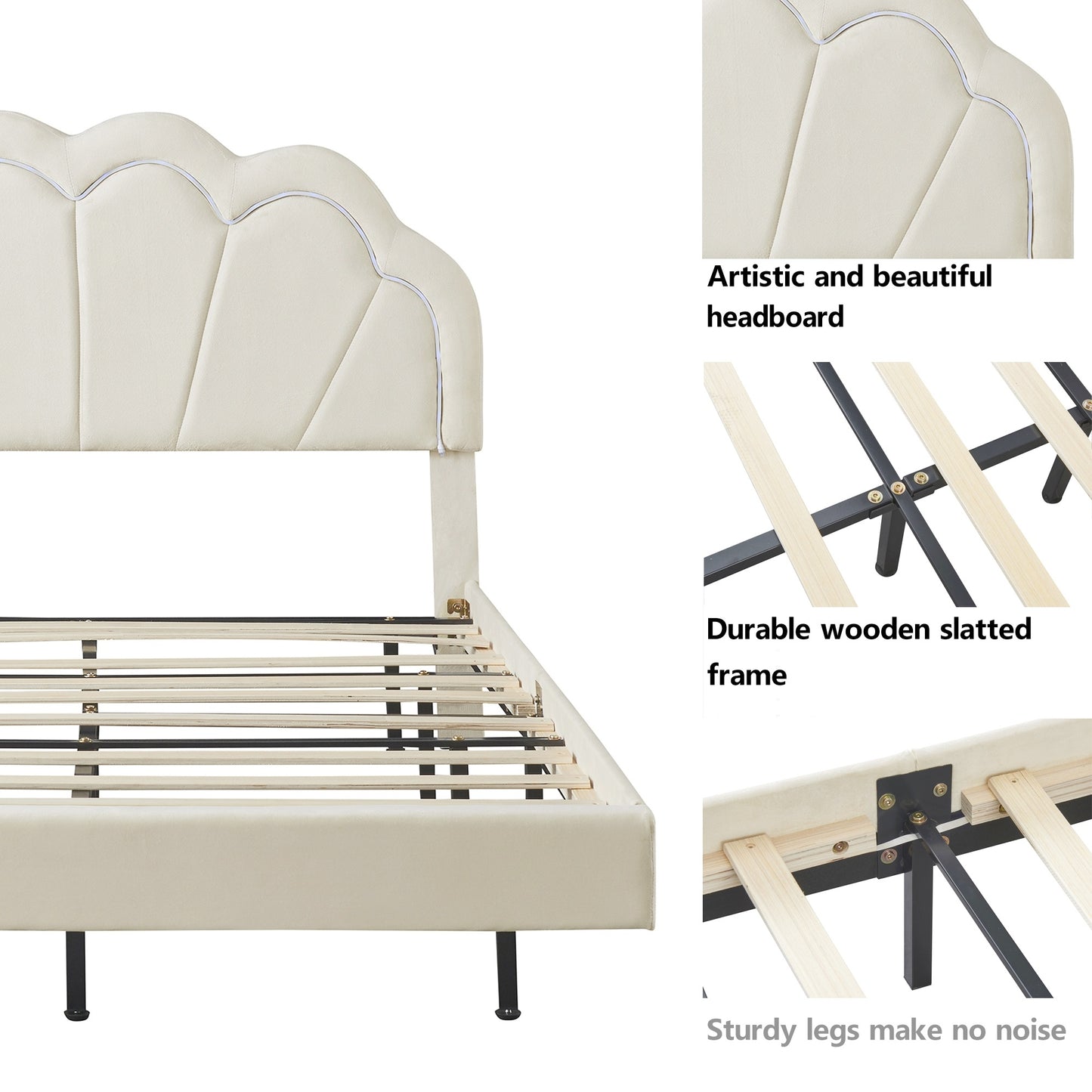 upholstered led platform bed with storage ottoman