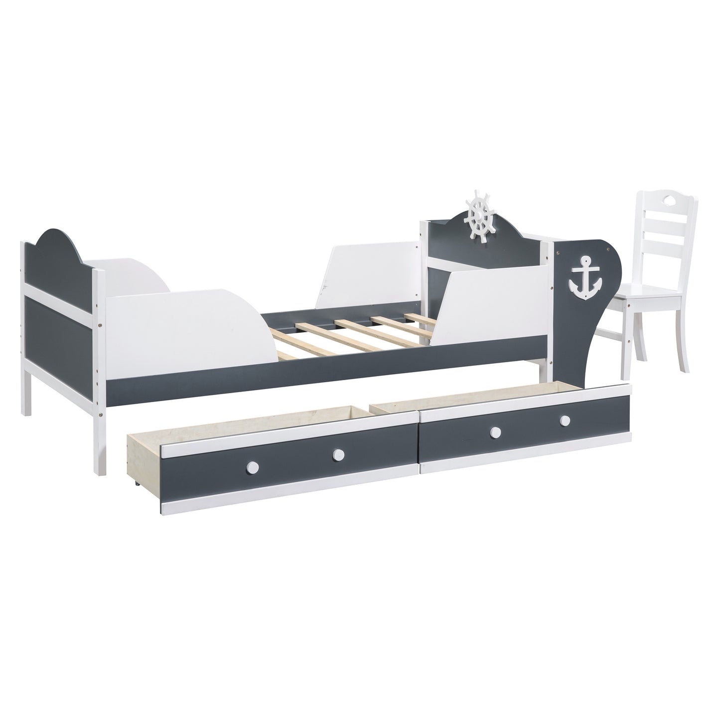 boat-shaped platform bed with two drawers, desk and chair, white+gray