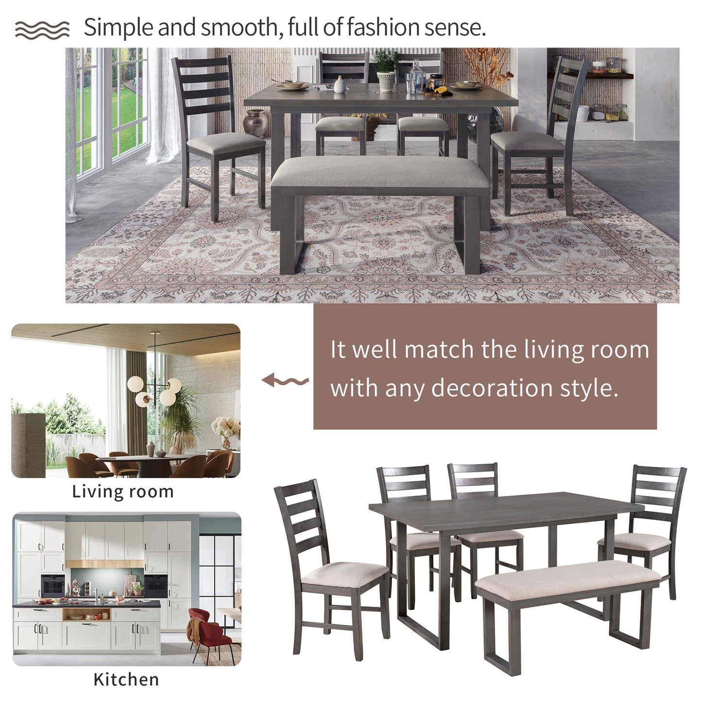 6-pieces solid wood dining table set