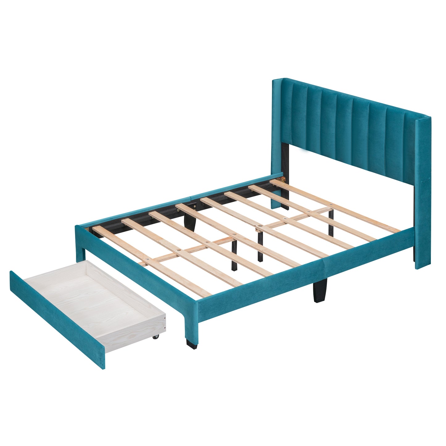 danny velvet upholstered platform bed with a big drawer - blue