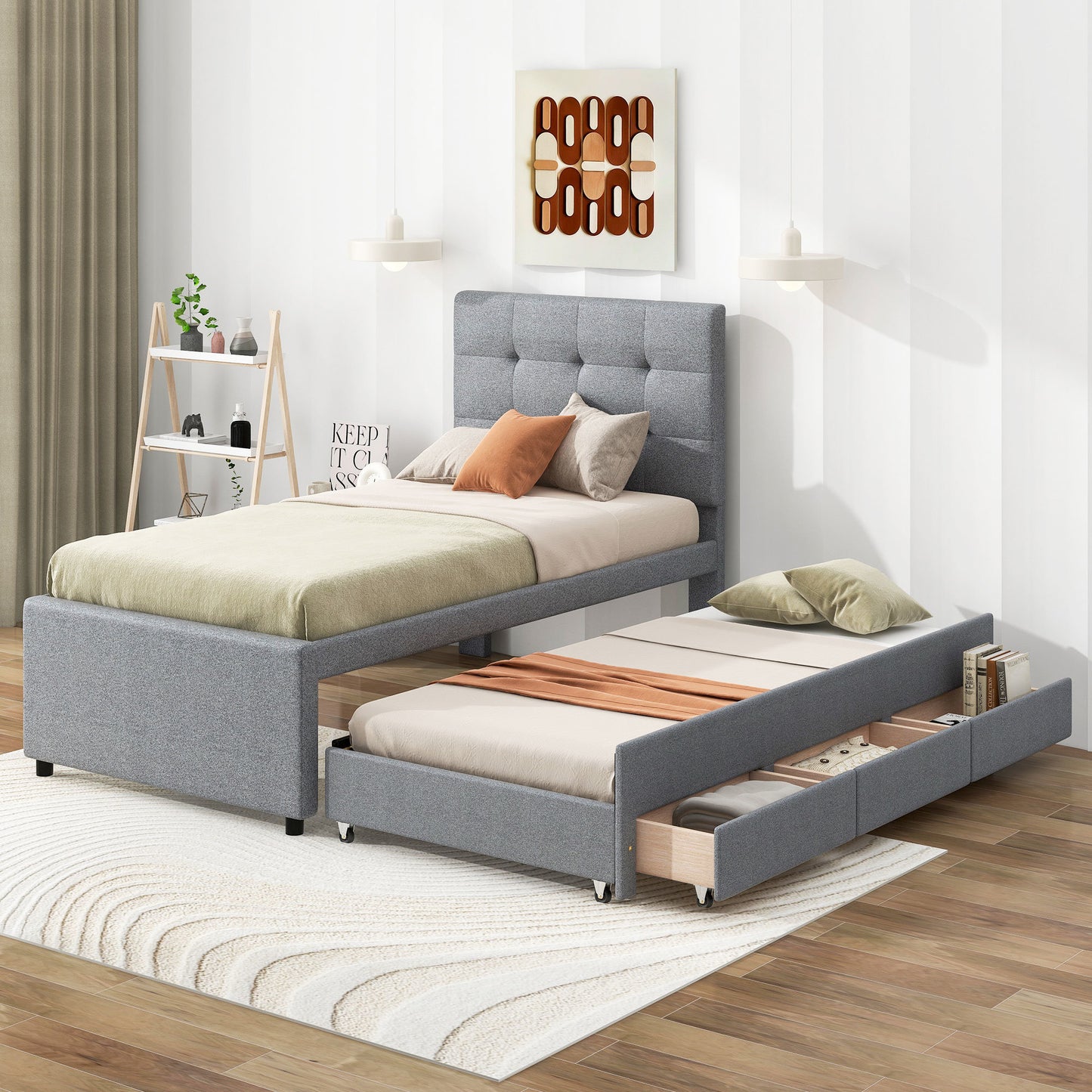 upholstered platform bed with pull-out twin size trundle and 3 drawers, gray