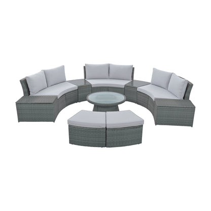 10-Piece Outdoor Sectional Half Round Patio Rattan Sofa Set, Light Gray