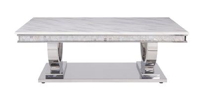 ACME Zander Coffee Table, White Printed Faux Marble & Mirrored Silver Finish