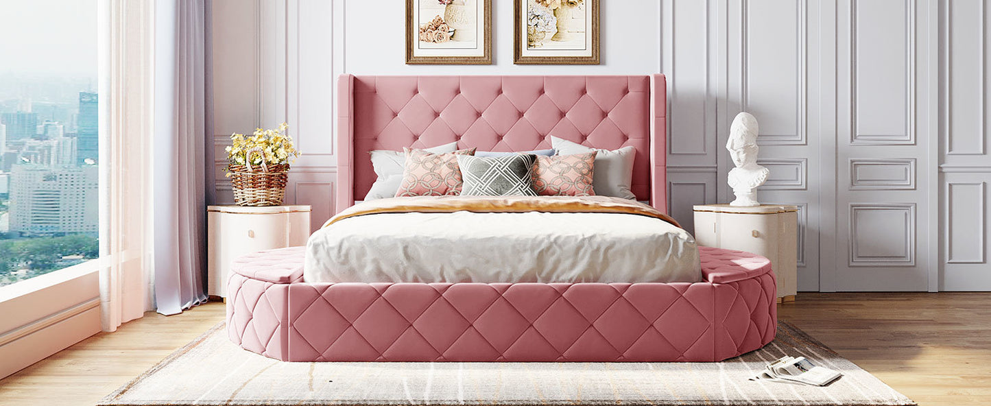 upholstered platform storage velvet bed with wingback headboard- pink