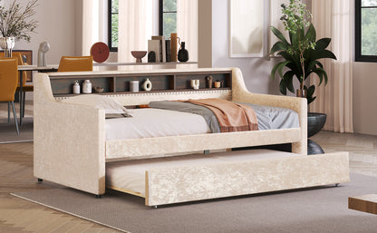 Twin Size Snowflake Velvet Bed with Built-in Storage Shelves, Beige