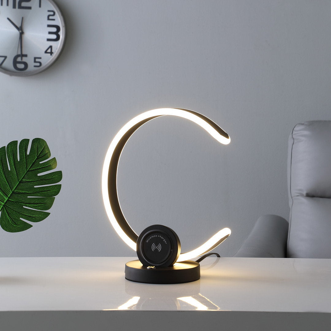 13.25" in modern c shape led w/ usb/wireless charger port & touch dimmer black table lamp