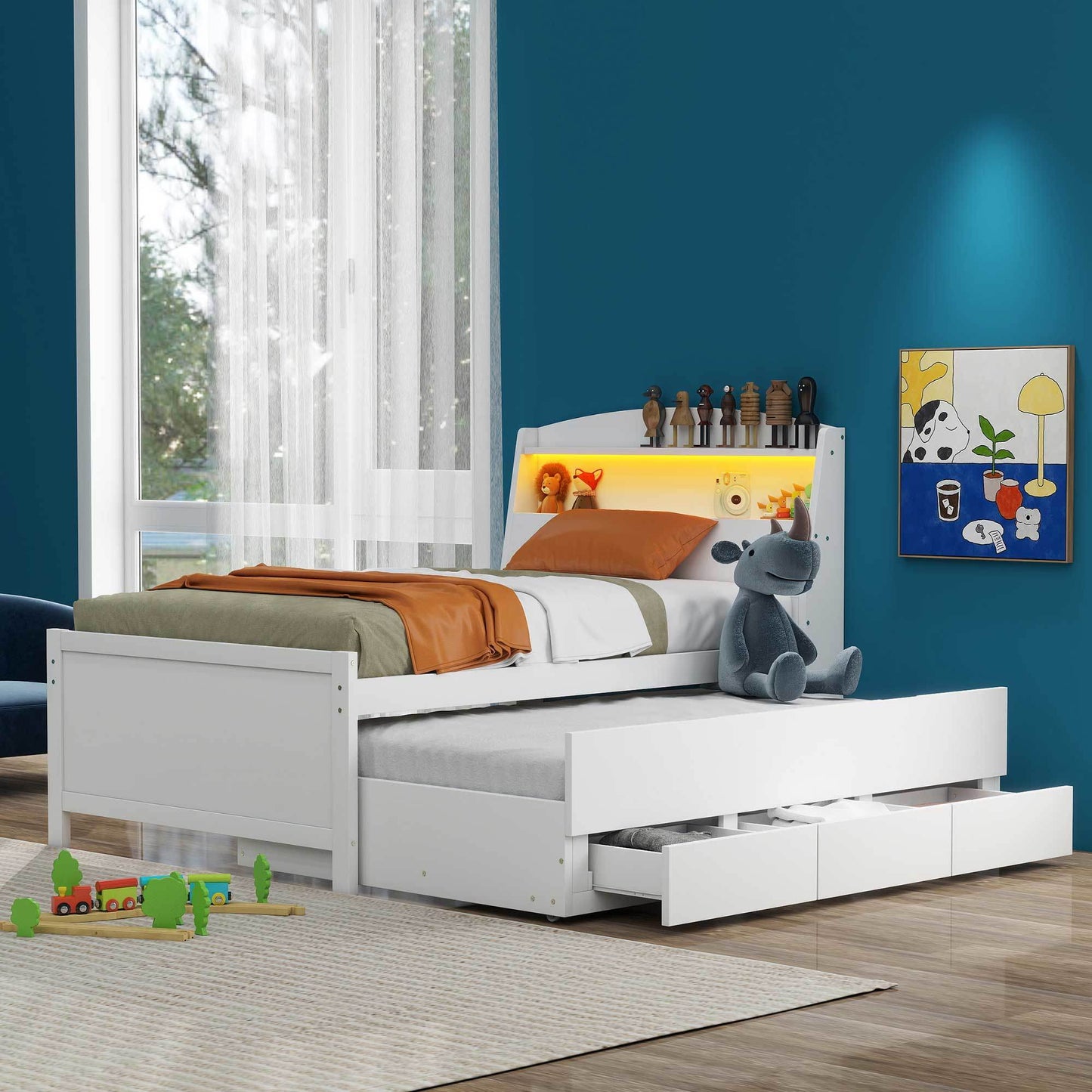 platform bed with storage led headboard, twin size trundle and 3 drawers, white