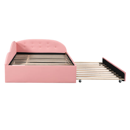 PU Upholstered Tufted Daybed with Trundle and Cloud Shaped Guardrail, Pink