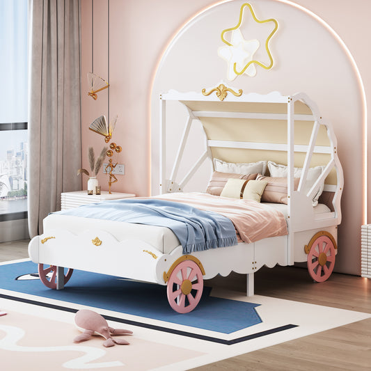 Princess Carriage Bed with Canopy, White+Pink+Gold