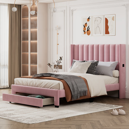 Velvet Upholstered Platform Bed with a Big Drawer - Pink