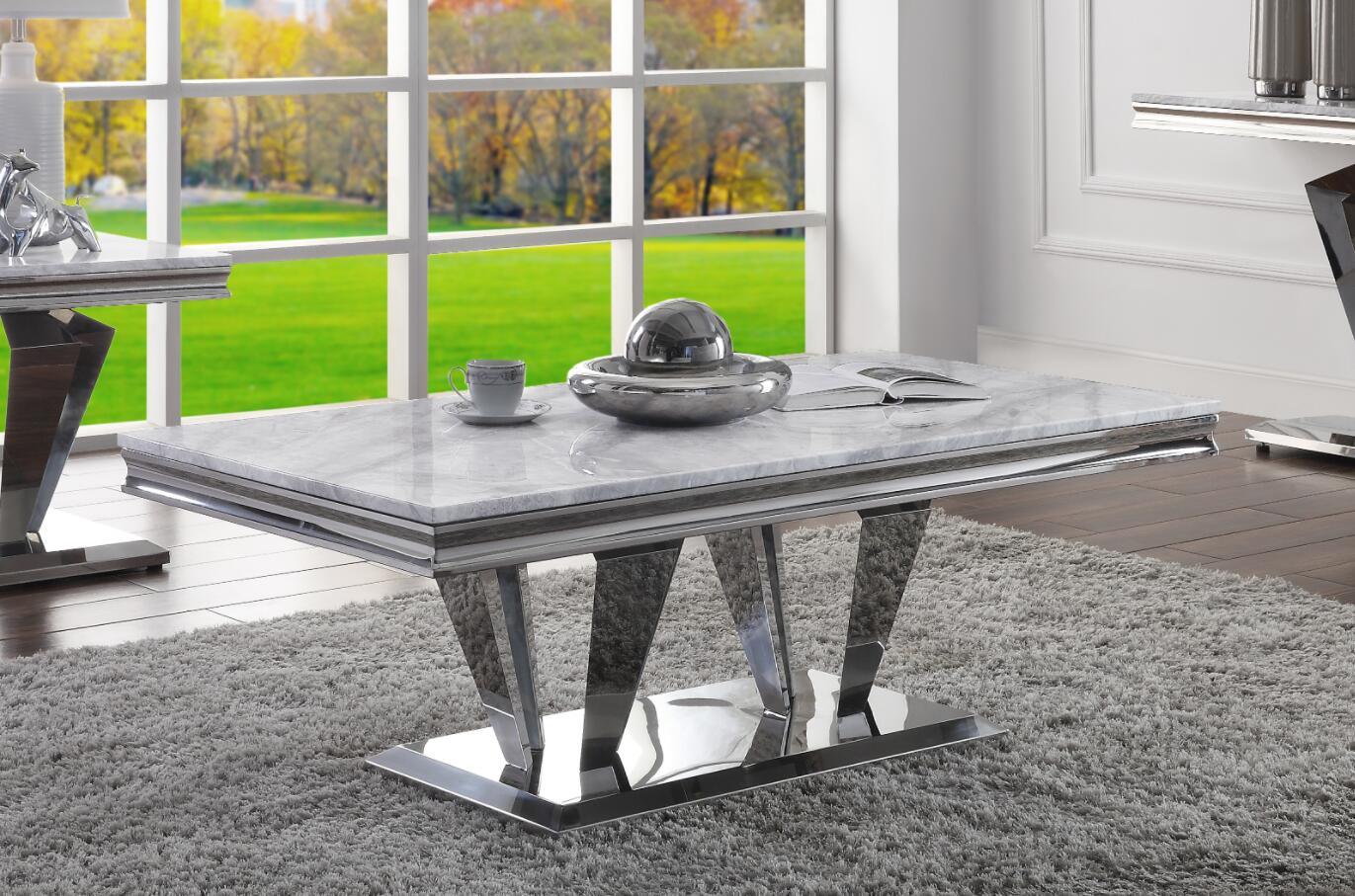 acme satinka coffee table, light gray printed faux marble & mirrored silver finish