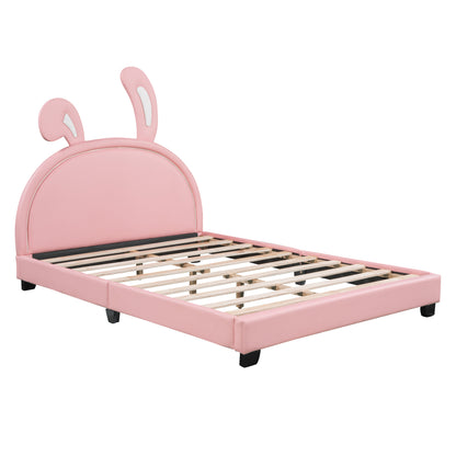 Upholstered Leather Platform Bed with Rabbit Ornament, Pink