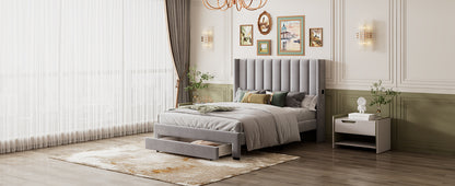 Velvet Upholstered Platform Bed with a Big Drawer - Gray