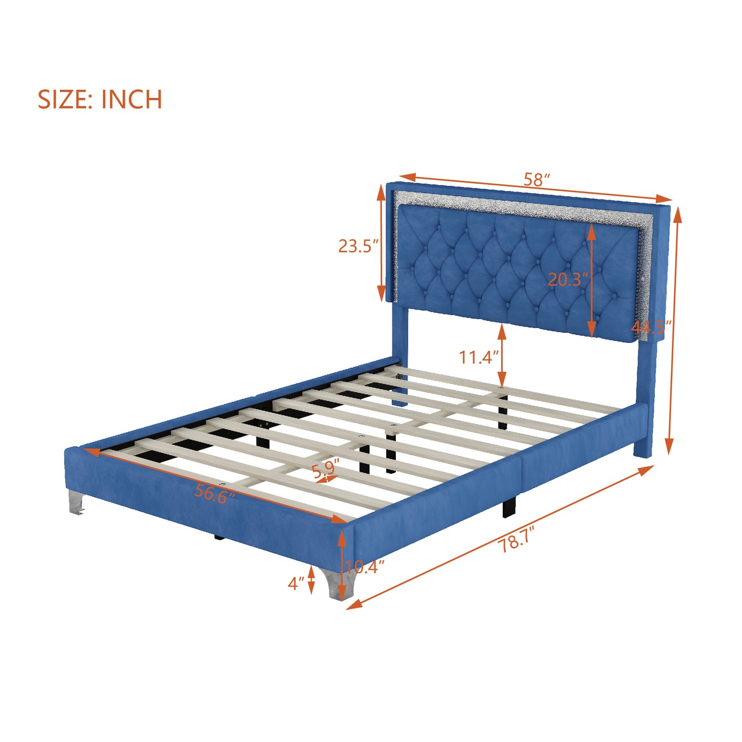 upholstered bed frame with led lights, blue