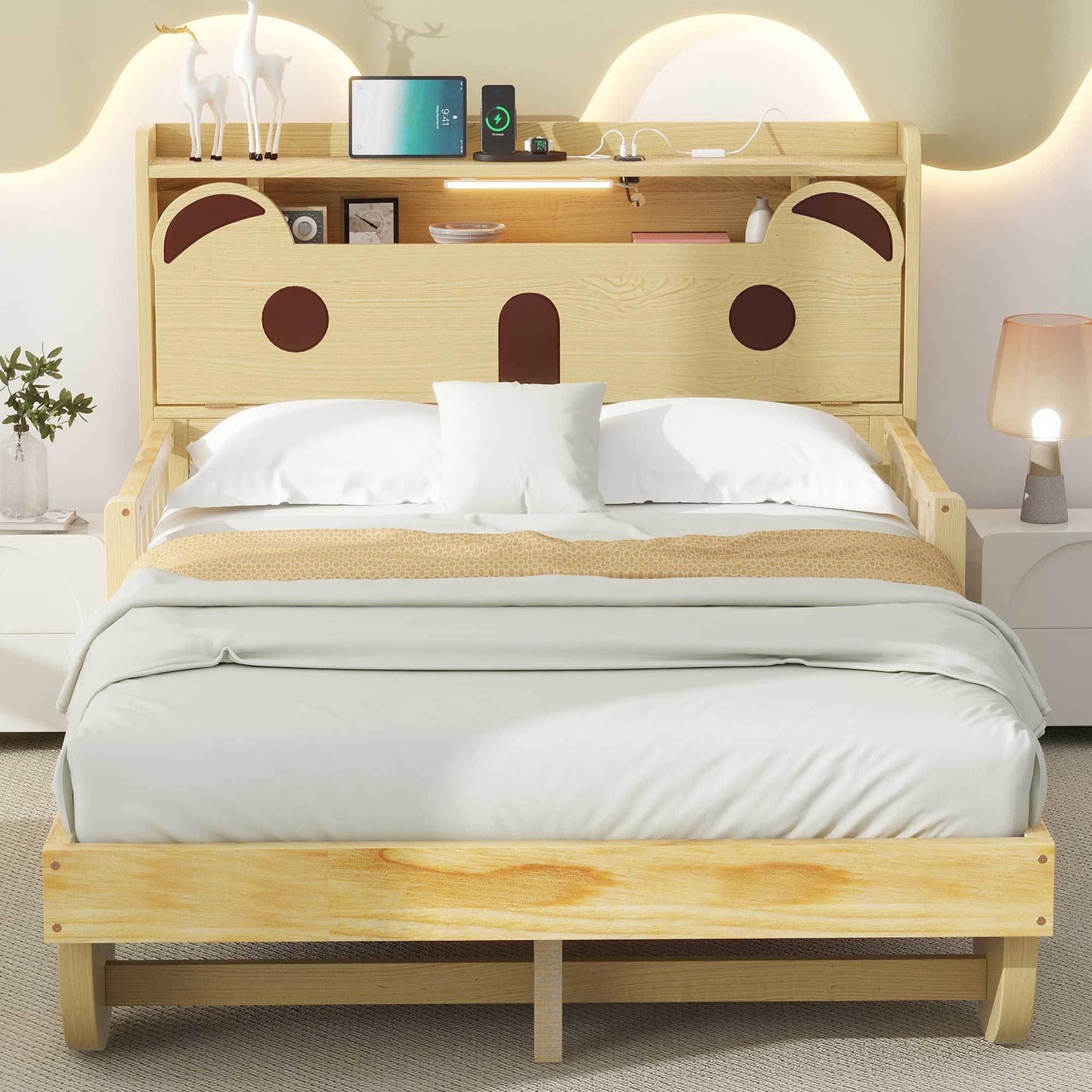 car bed with bear-shaped headboard, usb and led, natural