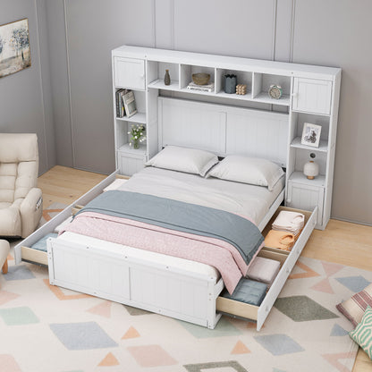 Elegant and Functional Bed with 4 Drawers and All-in-One Cabinet and Shelf, White