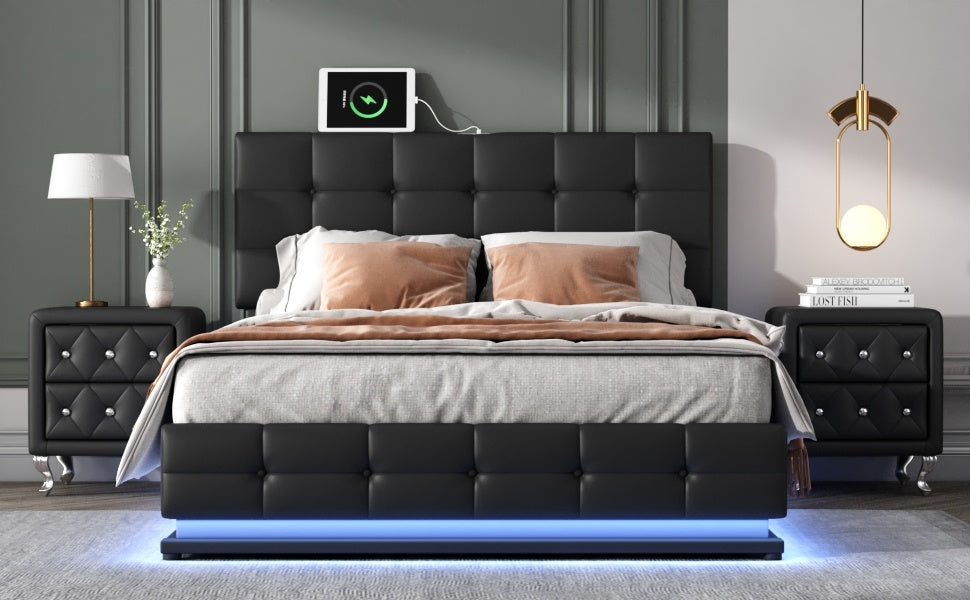 3-pieces upholstered bedroom sets with led lights ,hydraulic storage system, and usb charging station