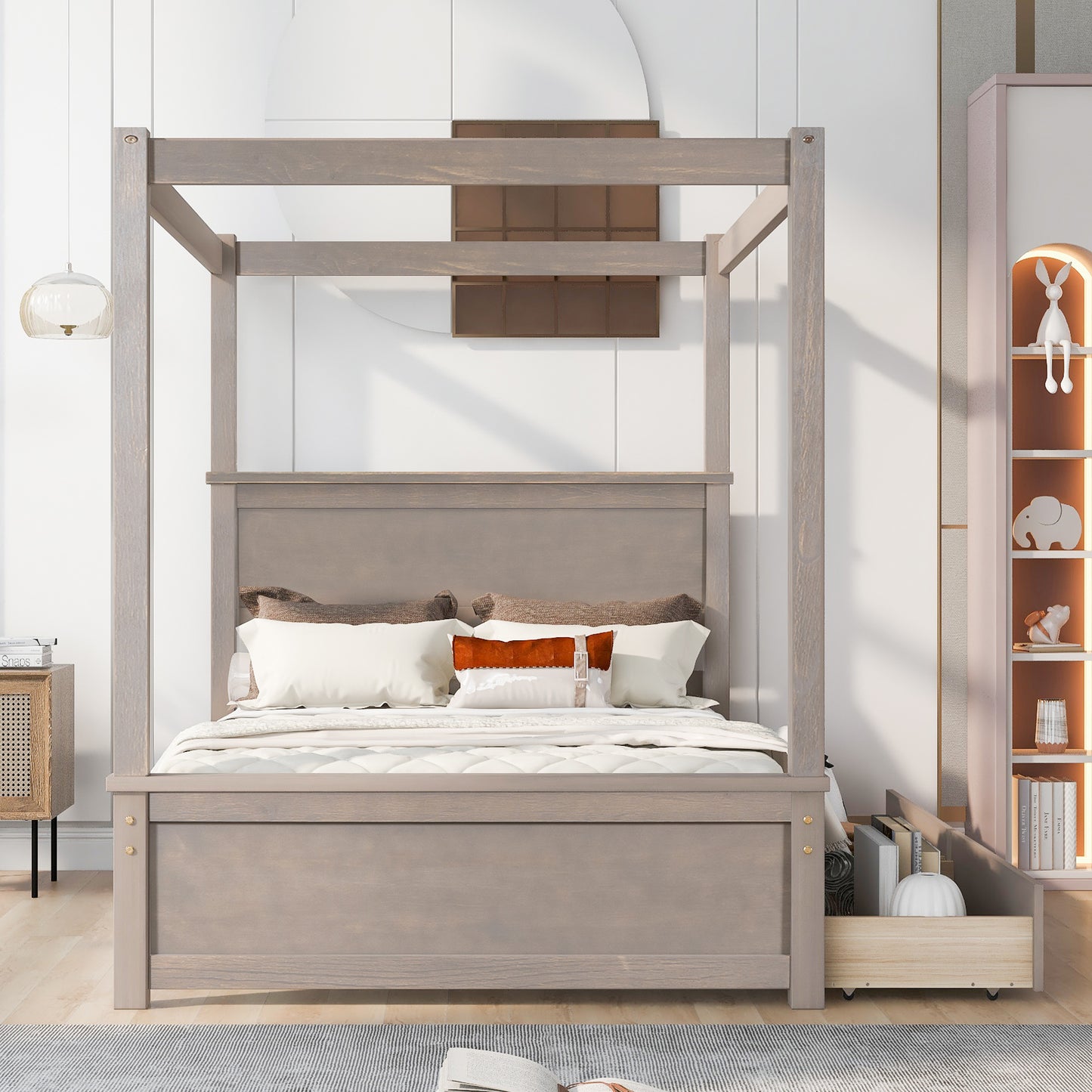 wood canopy bed with two drawers, light brown