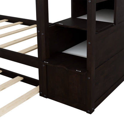 Twin-Over-Twin Bunk Bed with Twin Size Trundle and 3 Storage Stairs, Espresso