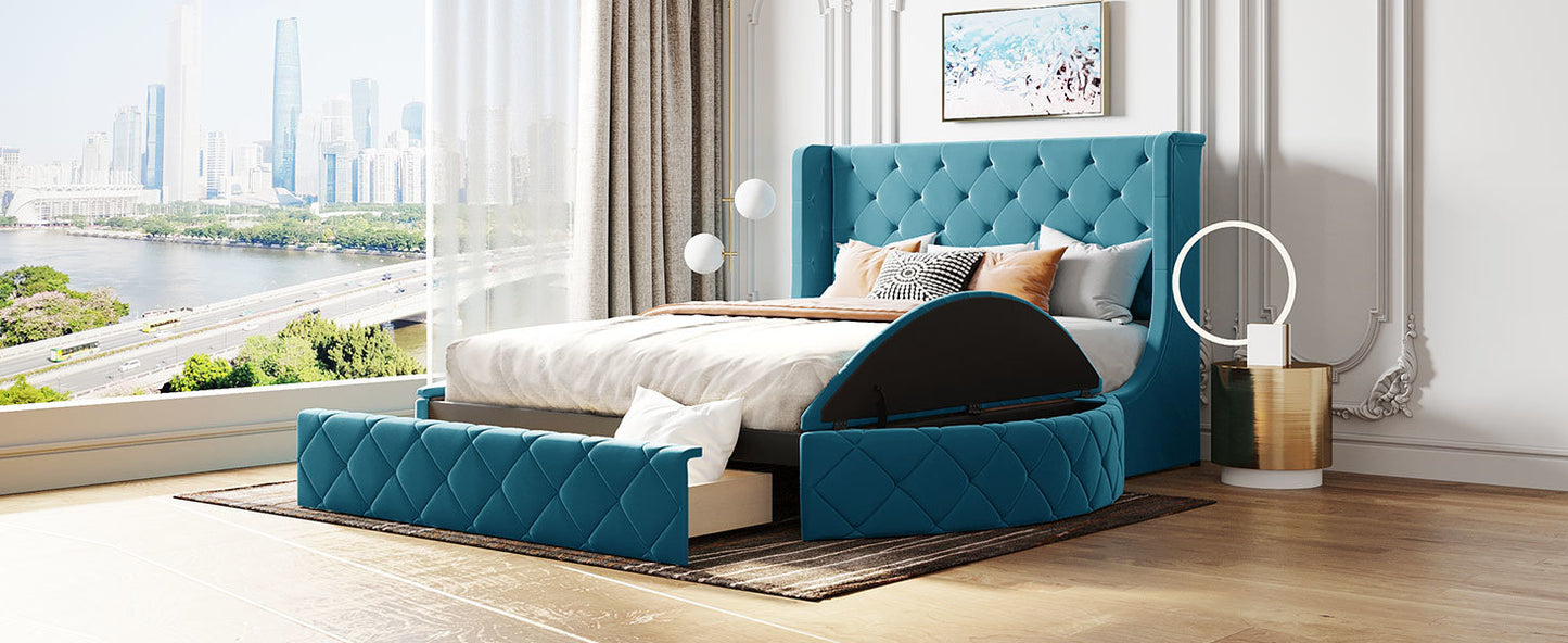 upholstered platform storage velvet bed with wingback headboard, blue