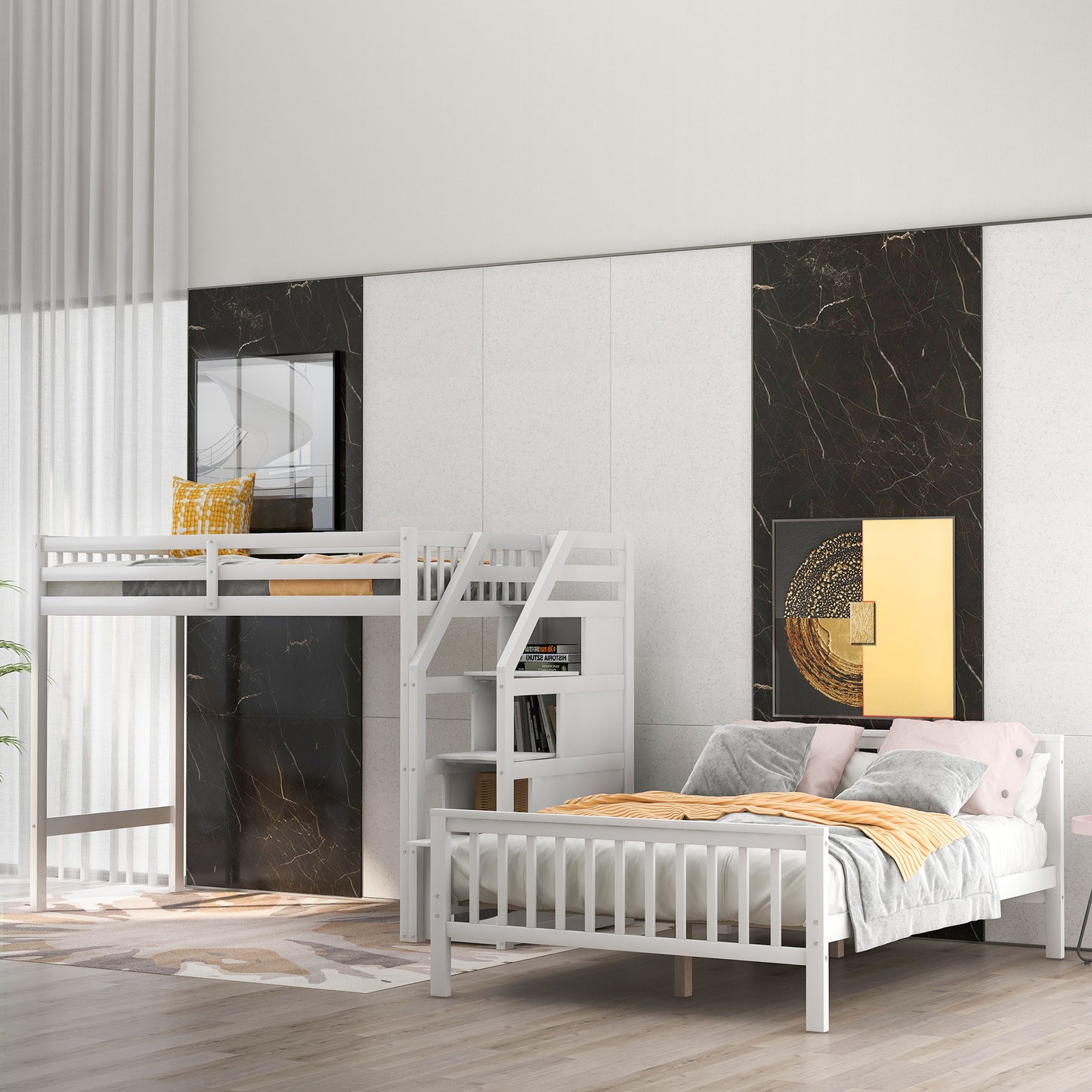 twin over full loft bed with staircase,gray