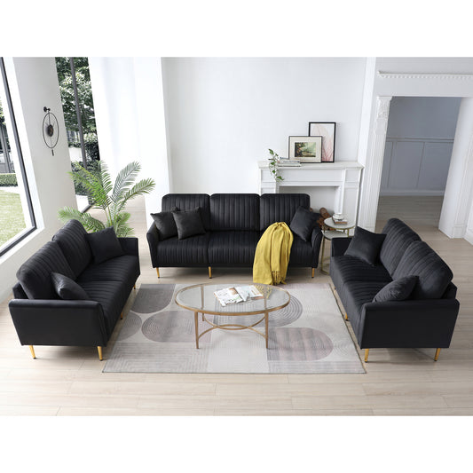 3 Pieces Sectional Sofa Set, Black Velvet