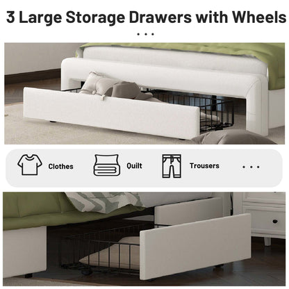 Leather Upholstered Platform Bed with Drawer Storage & Charging Station, White