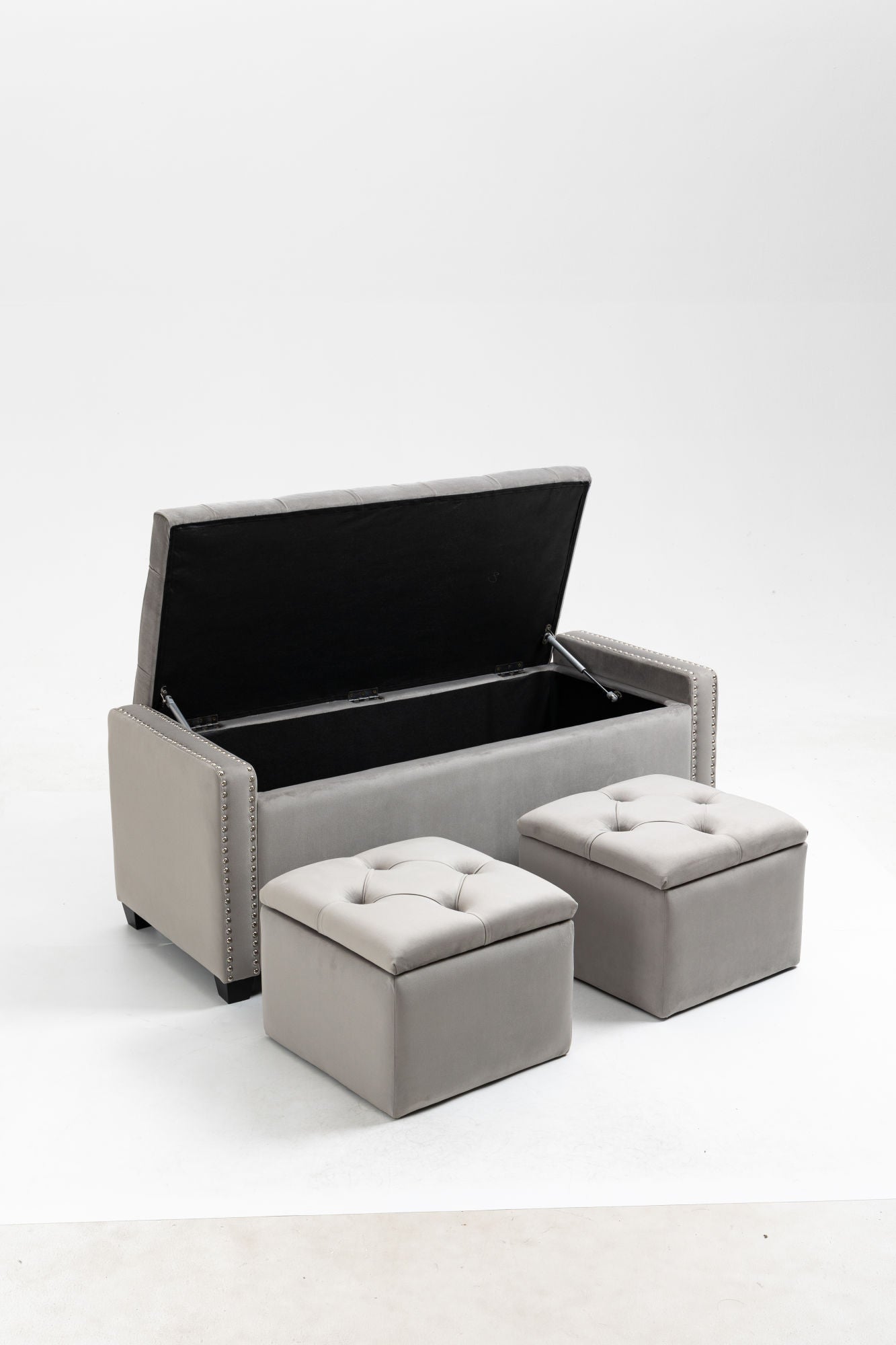 set of 3 47.5" wide upholstered storage ottoman with tufted top and solid wood legs gray