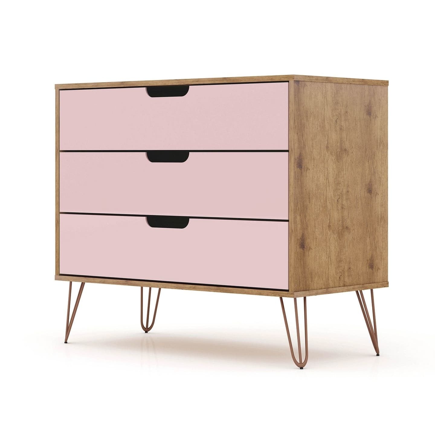 manhattan comfort rockefeller mid-century- modern dresser with 3-drawers in nature and rose pink